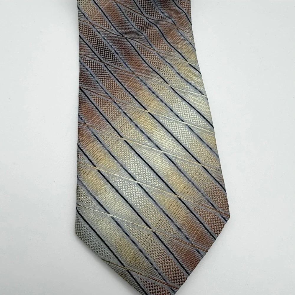 Roberto Villini Necktie Mens‎ 59x3.75 Gold Bronze Silver Silk Geometric Couture